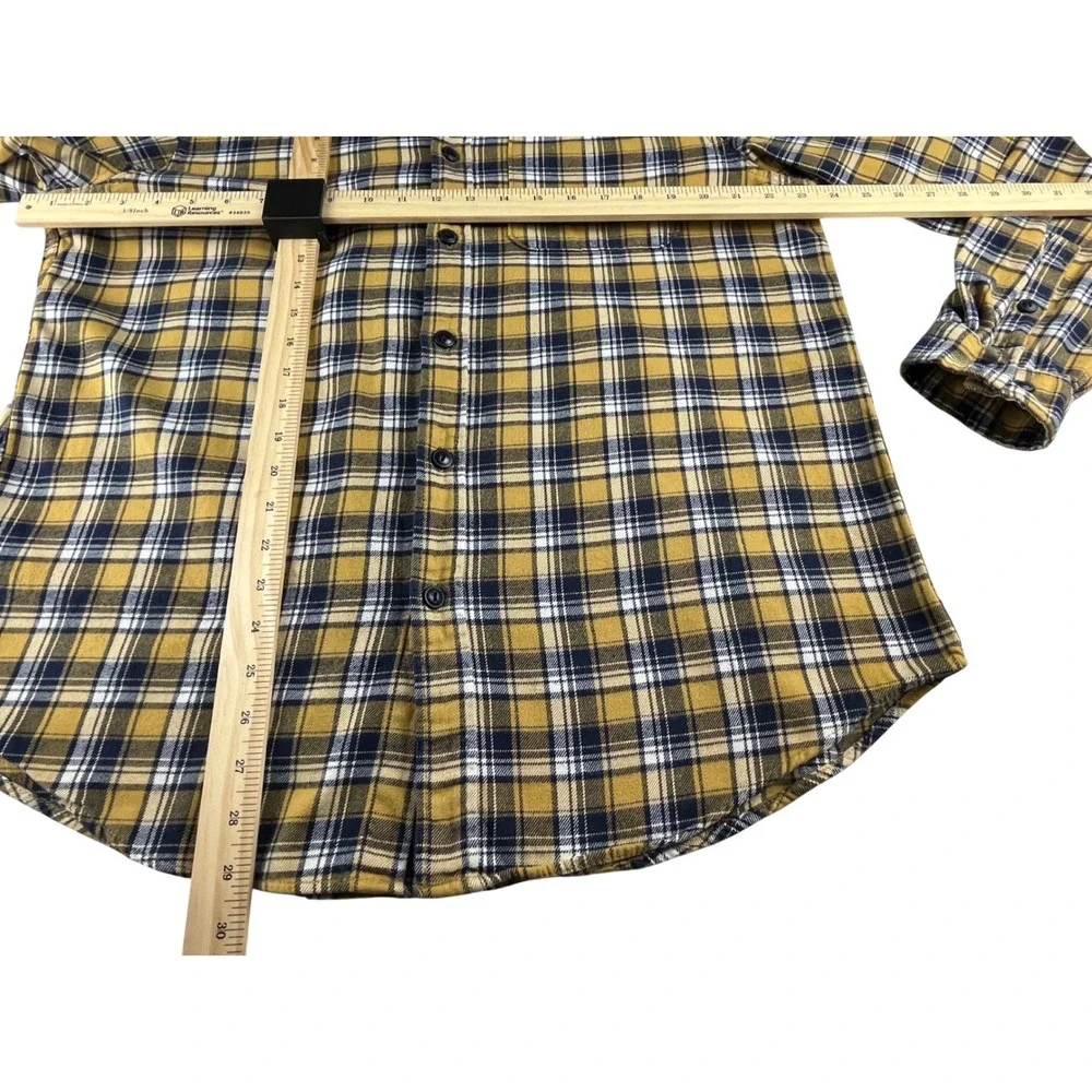Eddie Bauer Mens Large Flannel Shirt Yellow Navy Blue Plaid Relaxed Fit HOL11